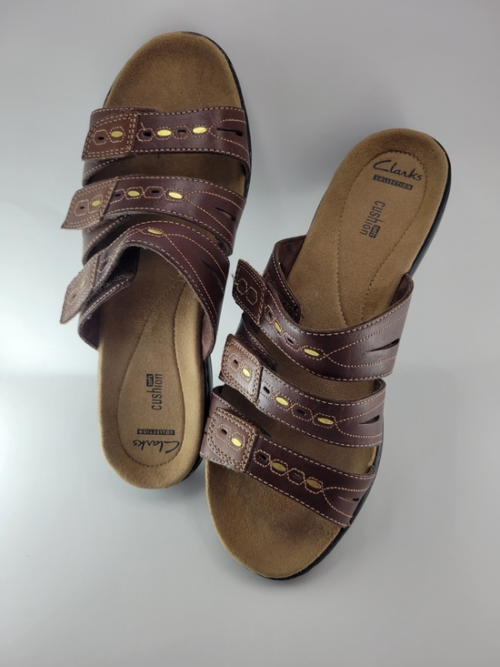 Clarks Shoes - Clarks Women's Brown Leather Three-Strap Slide Sandals